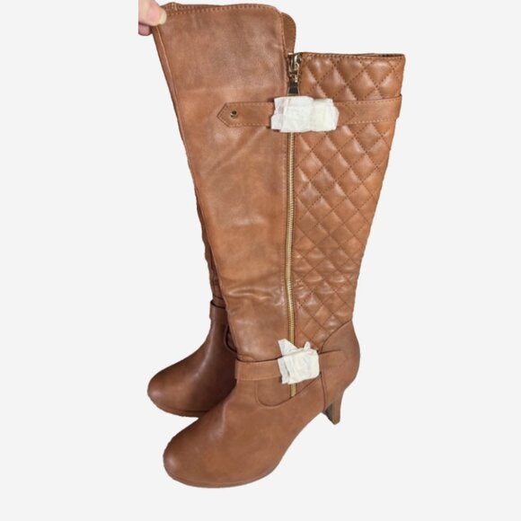 Top Moda Brown Quilted Knee High Boots Women’s 10 New 3” Heel Gold Hardware - Picture 3 of 14